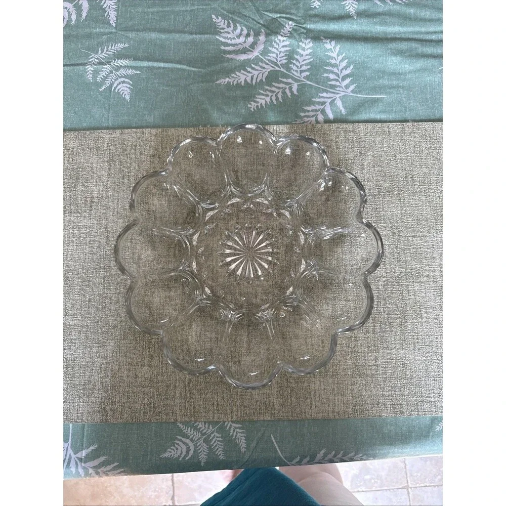 VTG Anchor Hocking Vintage Clear Glass Deviled Egg or Oyster Serving Plate, EUC